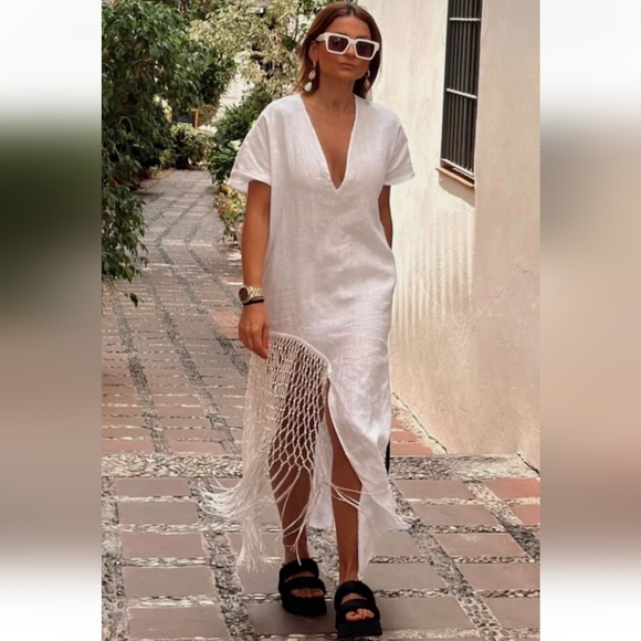 Zara 100% linen fringed macrame white dress Size M - Picture 15 of 17
